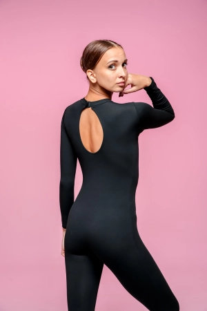 Комбинезон д/р стойка лосины с дыр. д/п, Чёрный (бел, мал), 80% хлопок + 15% вискоза + 5% лайкра